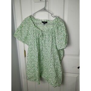 Ellos Woman 1X Green White SS V Neck Pullover Lightweight Blouse
